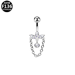 Цветок Изогнутая штанга для пирсинга пупка из титанового сплава с прозрачными кубическими циркониями и цепочками., платина, цветок, 8 мм, штифты : 1.6 мм