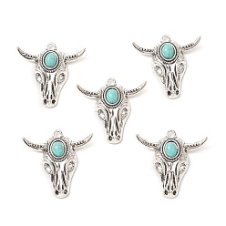 Antique Silver Synthetic Turquoise Pendants, with Alloy Findings, Cattle Head Charms, Antique Silver, 36x35.5x8mm, Hole: 2.8mm