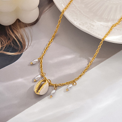 Shell Shape Элегантные ожерелья с подвесками из латуни и ракушечного жемчуга для женщин, золотые, белые, формы раковины, 16.14 дюйм (41 см)