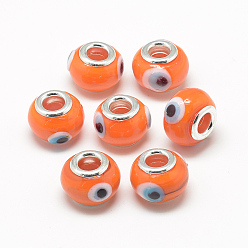 Coral Handmade Evil Eye Lampwork European Beads, with Brass Double Cores, Large Hole Beads, Rondelle, Platinum, Coral, 14~15x10~11mm, Hole: 5mm