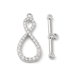 Real Platinum Plated Brass Micro Pave Clear Cubic Zirconia Toggle Clasps, Cadmium Free & Nickel Free & Lead Free, Infinity, Real Platinum Plated, Infinity: 22x10x3mm, Hole: 1.2mm, Bar: 20x4.5x2mm, Hole: 1.2mm