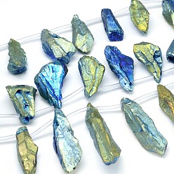 Green Plated Electroplated Natural Quartz Crystal Nuggets Bead Strands, 24~62x9~24x9~25mm, Hole: 1mm, about 13~17pcs/strand, 14.9~15.7 inch