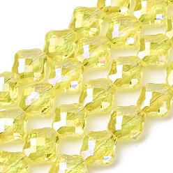 Yellow Electroplate Transparent Glass Beads Strands, Rhombus, AB Color Plated, Faceted, Yellow, 8x8x5mm, Hole: 1.3mm, about 72pcs/strand, 23.23''(59cm)