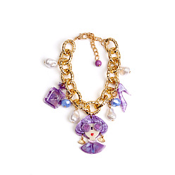 Темно-Фиолетовый Акриловый флакон женских духов, туфли на высоком каблуке и браслеты из искусственного жемчуга., браслеты из сплава и цепи для женщин, золотые, темно-фиолетовый, 7.68 дюйм (19.5 см)