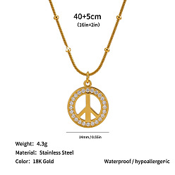 Peace Sign 304 Stainless Steel Crystal Rhinestone Ring Pendant Necklaces, Real 18K Gold Plated, Peace Sign, 15.75 inch(40cm)