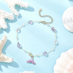 Лиловый Латунные браслеты ручной работы из натурального аметиста с подвеской в виде хвоста кита из сплава и эмали для женщин, золотые, сирень, 9-3/8 дюйм (237 мм)