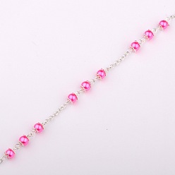 Фуксин Ручной круглые стекла жемчуг цепи для ожерелья браслеты делает, с застежками из железных бусин, железные кабельные цепи и железная проушина, несварные, серебряные, фуксиново-красные, 39.3 дюйм