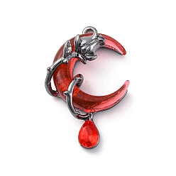 Красный Подвески из сплава и страза, луна с розой, cmолой, стойки покрытие, металлический черный , красные, 33x21x10 мм, отверстие : 1.8 мм
