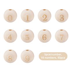 Mélangete Olycraft 50 nombre de pièces 0 à 9 perles européennes en bois naturel non fini, Perles avec un grand trou   , motif gravé au laser, ronde, mixte, 15~16x14~15mm, Trou: 4mm, 5 pcs / numéro, 10 numéros, 50 pièces / kit