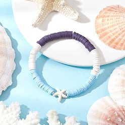 Морская звезда Плоские круглые браслеты ручной работы из полимерной глины heishi с бусинами, составные браслеты для женщин, с крошкой синтетической бирюзы, морская звезда, внутренний диаметр: 2-1/8 дюйм (5.5 см), звезды: 14.5x15x5.5 мм