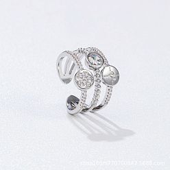 Silver Brass Micro Pave Cubic Zirconia Cuff Open Rings for Women, Round, Silver, 18mm