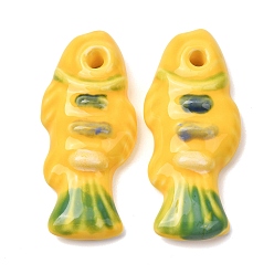 Yellow Handmade Porcelain Big Pendants, Hand Painted, Famille Rose Porcelain, Fish Charms, Yellow, 65x29x11mm, Hole: 4.5mm
