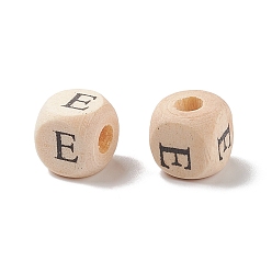 Letter E (Defective Closeout Sale: Grained), Printed Natural Wood Beads, Horizontal Hole, Cube with Initial Letter, PapayaWhip, Letter.E, 10x10x10mm, Hole: 3.5mm, about 1000pcs/500g