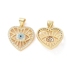 Golden Brass Micro Pave Cubic Zirconia Pendants, Heart with Evil Eye Charm, Golden, 23x18x4.5mm, Hole: 5x3mm
