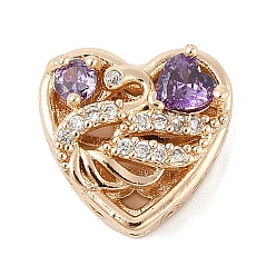 Средняя Орхидея Латунные микро проложить кубического циркония бусы, сердце с лебедем, без свинца и без кадмия, долговечный, средне орхидеи, 13x13.5x6.5 мм, отверстие : 1.6 мм