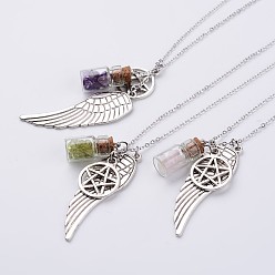 Mixed Stone Alloy Pendant Necklaces, Wing and Star, with Mixed Stone Beads, Glass Bottles and Brass Chain, 21.26 inch(66cm)