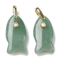 Green Aventurine Natural Green Aventurine Pendants, Fish Charms with Brass Micro Pave Clear Cubic Zirconia Findings, Golden, 27~27.5x13.5~14.5x7~7.5mm, Hole: 6.5x4.5mm