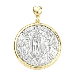 Real Gold Plated & Real Platinum Plated Латунные большие кулоны, плоские круглые подвески и подвески с изображением Девы Марии, настоящее золото и платина, 54 мм, отверстие : 4 мм