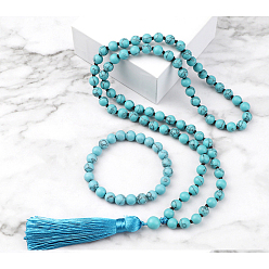 Синтетическая Бирюза Комплекты ожерелий и браслетов с круглыми бусинами из синтетической бирюзы, 850 мм и 180 мм