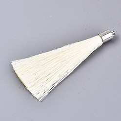 Льняное Полотно Волокна кисточки большие подвесные украшения, с платиновым покрытием из латуни нахождения, белье, 70~73x7~25 мм, отверстие : 1.8 мм