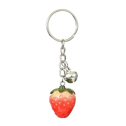 Strawberry Fruit Resin Pendant Keychain, with Iron Split Key Rings and Bell Charms, Strawberry, 8.3cm, pendant: 29x21x20mm