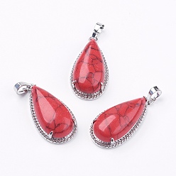 Synthetic Turquoise Synthetic Turquoise Pendants, with Brass Findings, teardrop, Platinum, Dyed, Cadmium Free & Lead Free, 36x18x10mm, Hole: 4x8mm