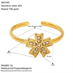 Fleur 304 Manchette ouverte en acier inoxydable ornée de strass, or, fleur, 17mm