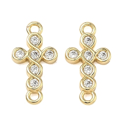 Настоящее золото 18K Латунные микропаве прозрачные подвески с фианитом, крест очарование, долговечный, стойки покрытие, без свинца и без кадмия, реальный 18 k позолоченный, 14x7x2 мм, отверстие : 1.2 мм