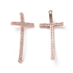 Розовое Золото Соединители из латуни с микропаве и кубическим цирконием, крестик, прозрачные, розовое золото , 35.1x16x2 мм, отверстие : 0.8 мм
