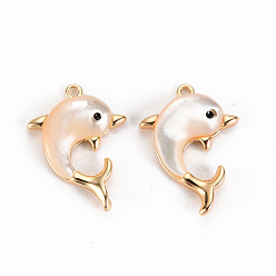 Настоящее золото 18K Природные подвески оболочки, с латунной фурнитурой , без никеля , дельфин, реальный 18 k позолоченный, 17x11x3 мм, отверстие : 1 мм