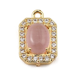 Pink Brass Micro Pave Clear Cubic Zirconia & Cat Eye Charms, Octagon Rectangle Charms, Rack Plating, Long-Lasting Plated, Cadmium Free & Lead Free, Real 18K Gold Plated, Pink, 14.5x10x6mm, Hole: 1.2mm