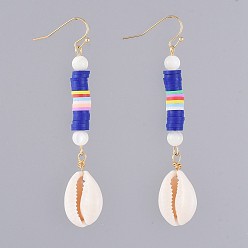Blue Dangle Earrings, with Polymer Clay Heishi Beads, Natural Spiral Shell Round Beads, Cowrie Shell Beads and Real 18K Gold Plated Brass Earring Hooks, Blue, 75mm, Pin: 0.7mm