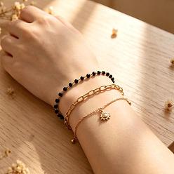 Golden Iron and Zinc Alloy Chain Sun Charm Multi-Strand Bracelet Sets, Stackable Bracelets with Black Resin Beads for Women, Golden, Golden, 7.87 inch(20cm), 3pcs/set