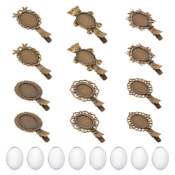 Античная Бронза 12 шт 6 стили винтажные железные заколки для волос из кожи аллигатора, с овальным безелем из сплава в форме кабошона, 20 шт. Прозрачные стеклянные кабошоны, античная бронза, 24.5~60.5x24.5~34.5x5~12 мм, лоток : 25x18 мм