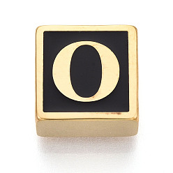 Letter O 304 Квадратные распорные планки из нержавеющей стали с черным эмалевым покрытием, 2-луночное, ионное покрытие (ip), реальный 18 k позолоченный, Письмо O, 12x12x6 мм, отверстие : 4.5 мм