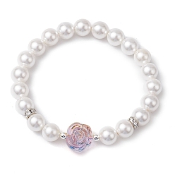 White 8mm Round Shell Pearl Beaded Stretch Bracelets, Glass Flower Bracelets for Women, White, Inner Diameter: 2-3/8 inch(6cm)