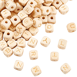 Rauchig Natürliche Xanthorroea Holzperlen, Würfel mit Buchstaben a~z, Lasergravur, rauchig, 12x12x12 mm, Bohrung: 4 mm, 26 Stück / Beutel