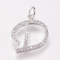 Letter D Brass Micro Pave Cubic Zirconia Letter Pendants, Letter.D, 15x16.5x2mm, Hole: 3mm