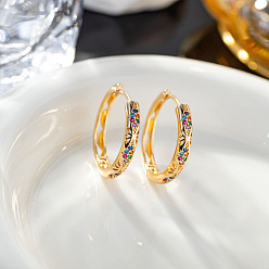 Разноцветный Латунные микро проложить серьги обруча кубического циркония, золотые, красочный, 27x4 мм