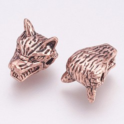 Античный Розовый Золотой Сплавочные овальные бусины тибетского стиля , голова волка, античный розового золота, 9.5x13 мм, отверстие : 2 мм
