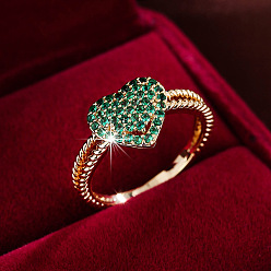 Зеленый Кольца для женщин с микропаве из латуни и кубическими цирконами, сердце, золотые, зелёные, размер США 7 (17.3 мм)