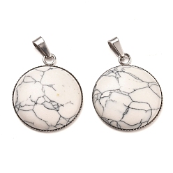 Floral White Synthetic Turquoise Pendants, with 304 Stainless Steel Settings, Half Round/Dome, Stainless Steel Color, Floral White, 31x26x7mm, Hole: 8x3mm