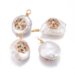 Разноцветный Подвески из натурального пресноводного жемчуга, с латунными микро проложить кубических выводы циркония, самородки с шестигранником, золотые, красочный, 17~26x11~16x5~11 мм, отверстие : 1.6~2 мм