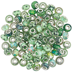 Зеленый 100шт. напечатанных прозрачных европейских бусин из смолы, бусины с большим отверстием, рондель с латунными сердечниками, покрытыми серебром, и блестящей пудрой, зелёные, 14x8.5 мм, отверстие : 5 мм