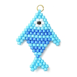 Sky Blue 304 Stainless Steel & Cylinder Seed Beads Glass Pendants, Fish Charms, with Jump Ring, Sky Blue, 35x24.5x2mm, Hole: 2mm