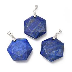 Lapis Lazuli Faceted Natural Lapis Lazuli Pendants, with Platinum Tone Brass Findings, Hexagon, 28x25x9mm, Hole: 4x5mm