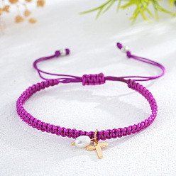 Фиолетовый Браслеты с подвесками из латуни и искусственного жемчуга, плетеные браслеты из полиэфирного шнура для женщин, овальные с листа, фиолетовые, 11.02 дюйм (28 см)