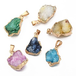 Mixed Color Natural Druzy Agate Pendants, Druzy Trimmed Stone, Dyed, Nuggets, Mixed Color, 23~40x13~30x7~20mm, Hole: 3x6mm