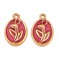Cerise Sprühlackierte 304 Edelstahlanhänger, mit Acryl-Perlen, oval Charme, Ionenbeschichtung (ip), echt 18 k vergoldet, cerise, 20x13.5x3 mm, Bohrung: 1.6 mm