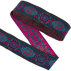 Fuchsia 7M Vintage Jacquard Polyester Ribbon, Emobridered Woven Ribbon, Flower Pattern, for Clothes Accessories, Fuchsia, 1-3/8 inch(34mm)